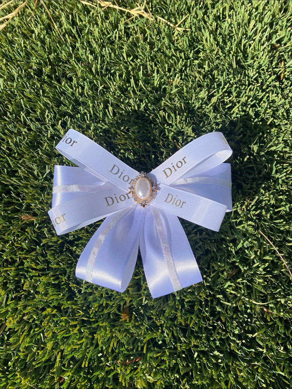 Dior Hanmade White Ribbon Bow with Gold Logo and Pearl Center